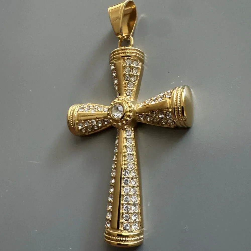 Cross Pendant Cubic Zirconia 24” Chain Gold Tone Stainless Steel Gift Jesus
